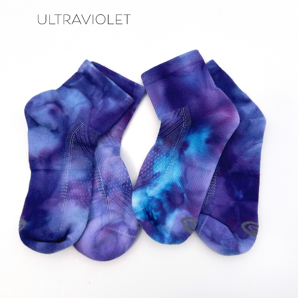 Purple Ultraviolet Ice Dye Ankle Socks Blue Violet Tie Dye Mid Crew Hand Dyed